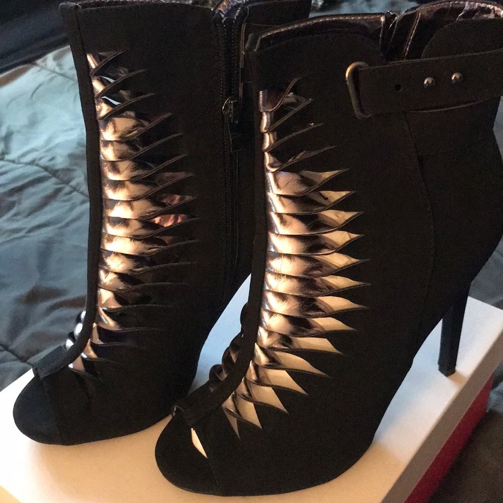 Black open toe heel booties
